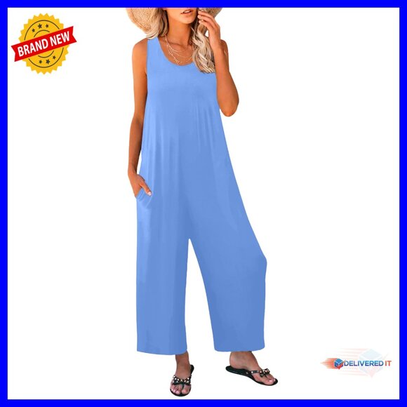 Sleeveless Crewneck Jumpsuit Romper Loose Casual Wide Leg Pockets Summer